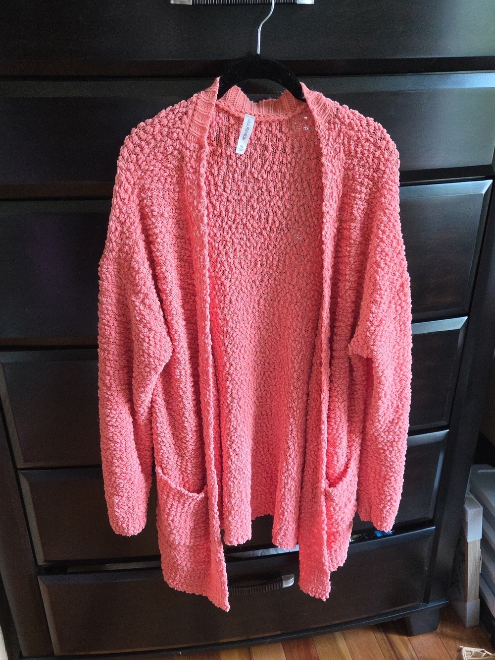 Zenana Outfitters Open-Front Popcorn Knit Cardigan in Coral Pink